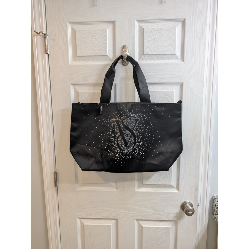 Victoria's Secret Black Rhinestone Logo Tote Bag Large Zipper Closure